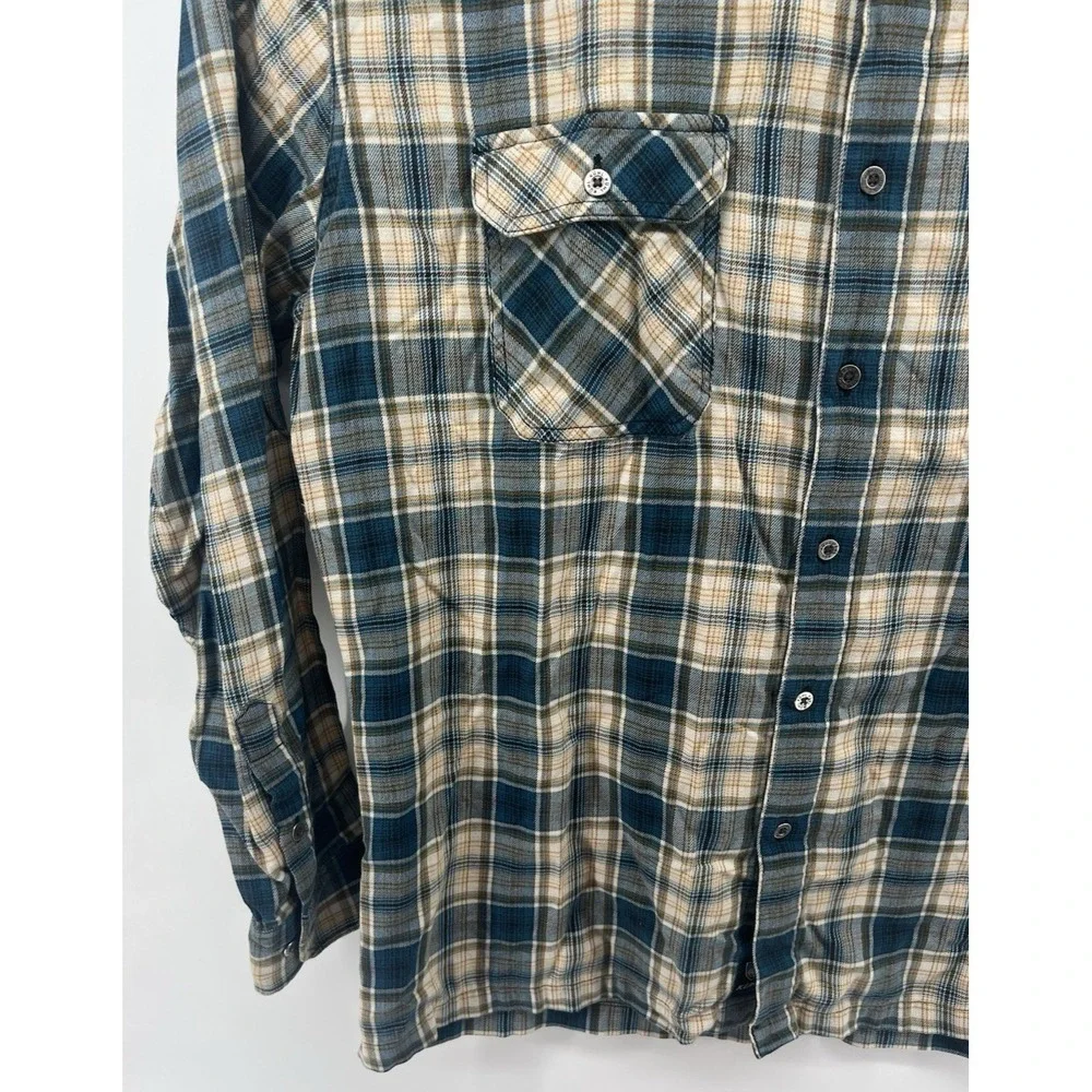 Kuhl XL Mens Lightweight Flannel Shirt Plaid Blue Tan White Cotton Blend - Picture 5 of 8